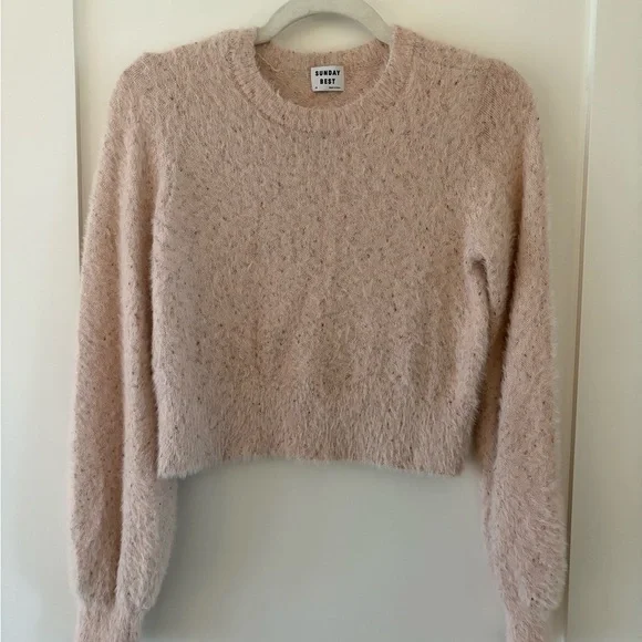 Sunday best | Aritzia light pink fuzzy kitten sweater metallic crop crew neck XS - Picture 1 of 9